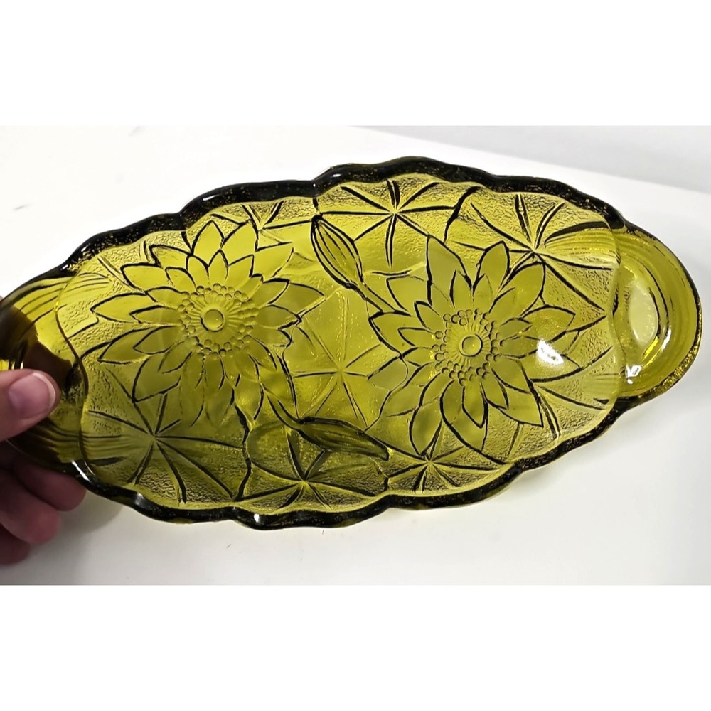 Vintage Indiana Glass Lily Pons Avocado Green Sunflower Oval Relish Tray Dish